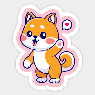 Cute Shiba Inu Standing And Waving Hand Cartoon Sticker